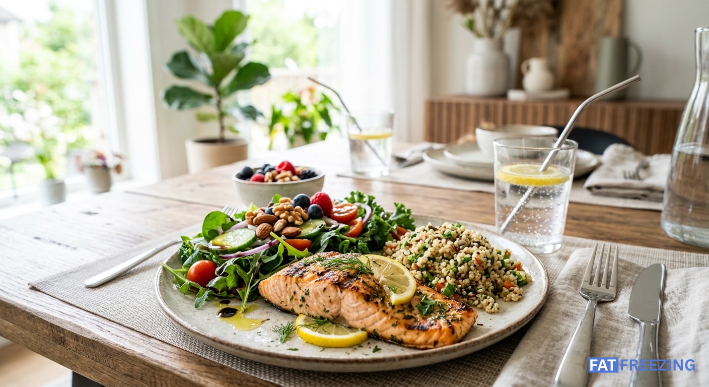 Balanced diet after fat reduction with whole foods and hydration