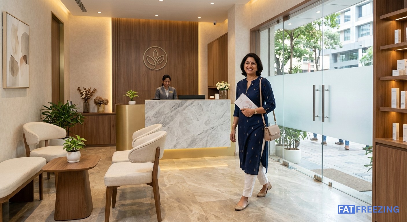 Patient leaving clinic after a non-surgical fat freezing consultation