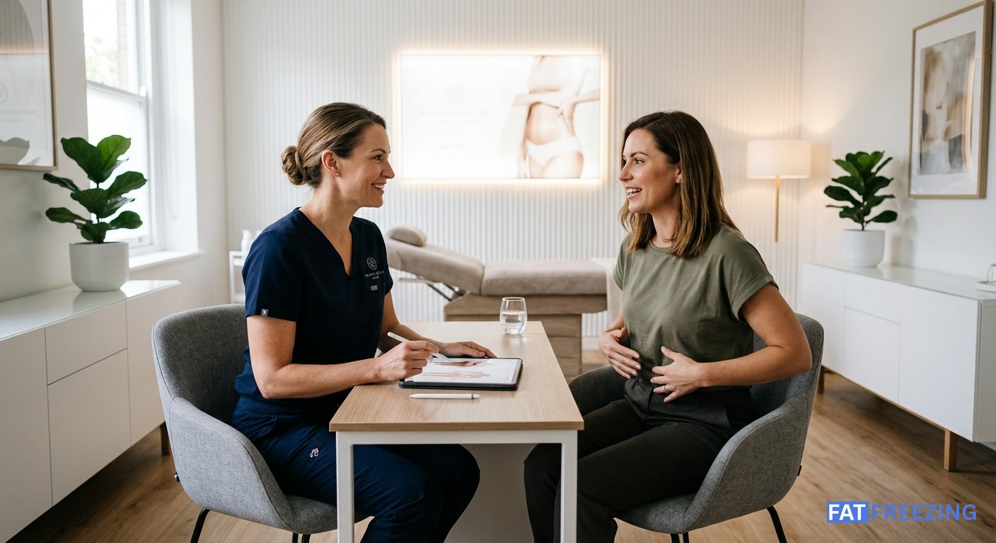 The Science Behind Cryolipolysis and Fat Freezing 6 Patient discussing cryolipolysis treatment plan during clinic consultation