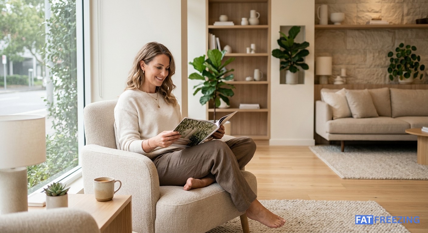 Woman relaxing during a non-surgical body contouring session in a modern clinic