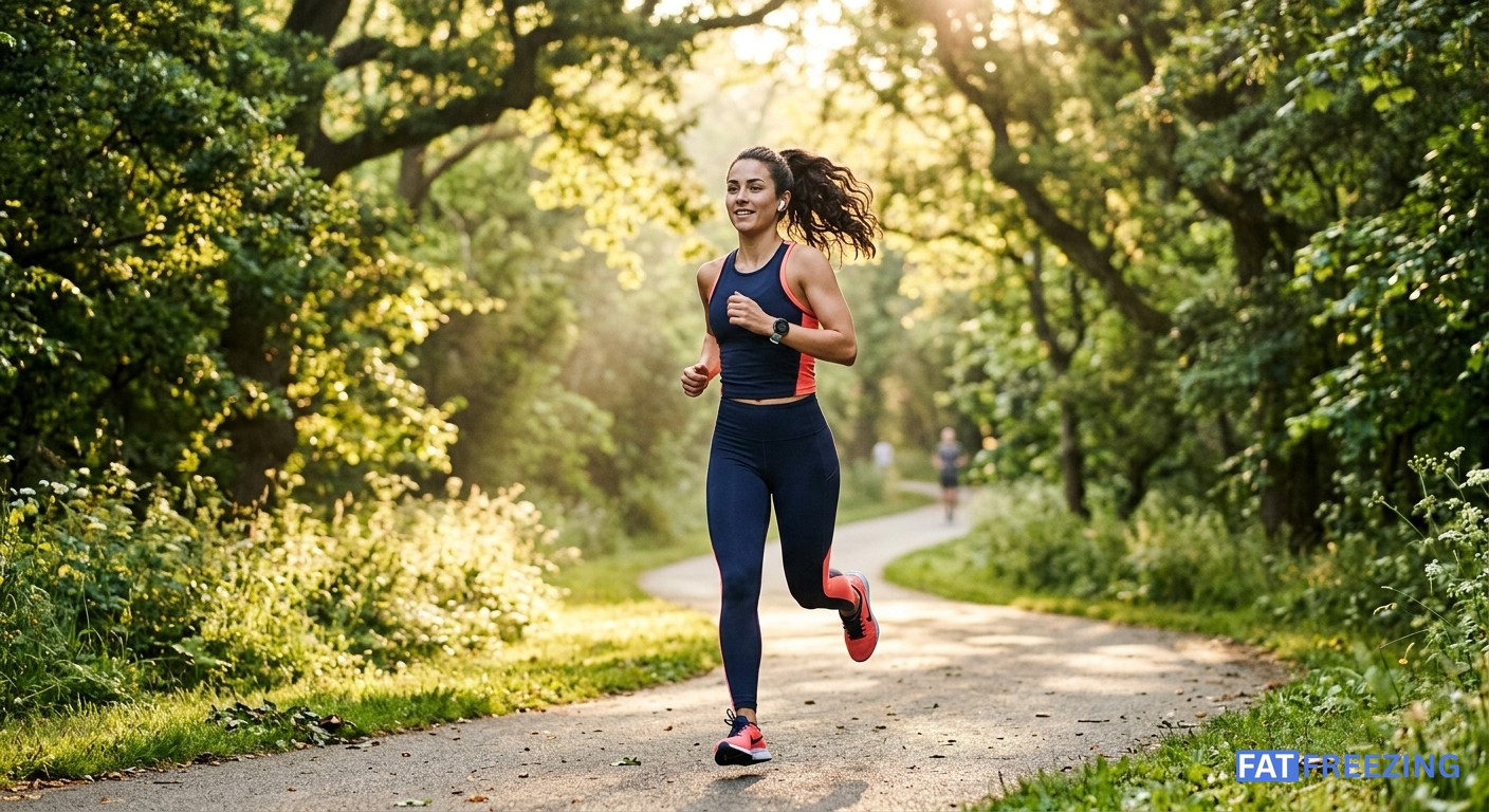 Woman jogging outdoors to maintain her body contouring results