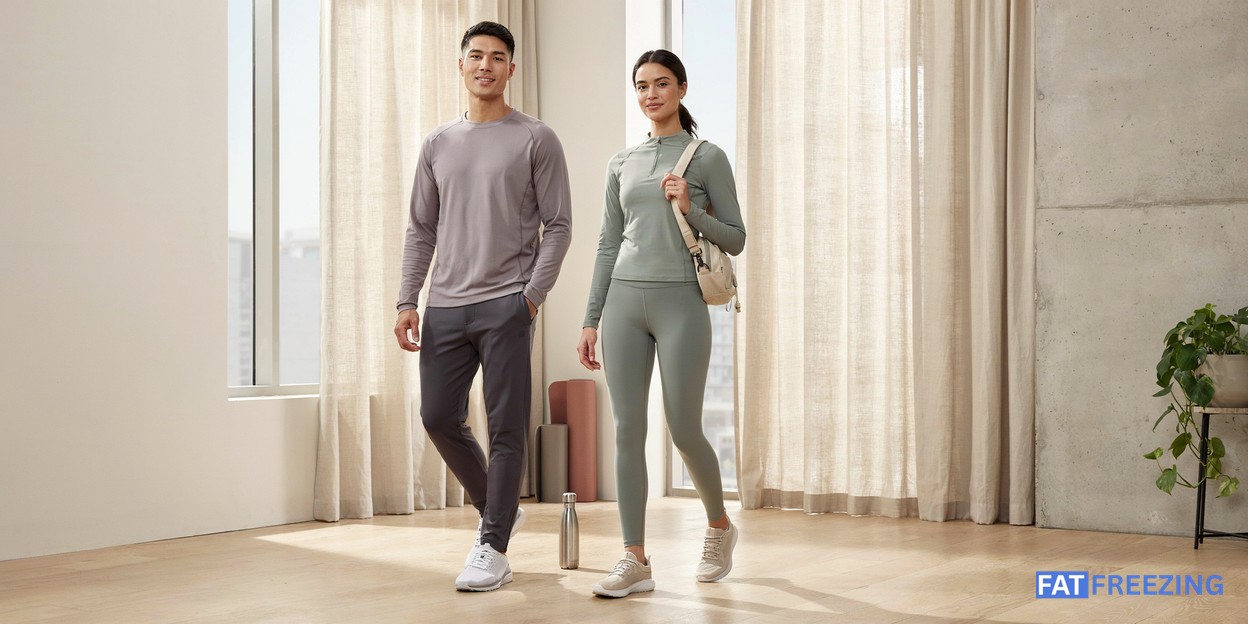 A man and woman in athletic wear illustrating different natural body fat distribution patterns