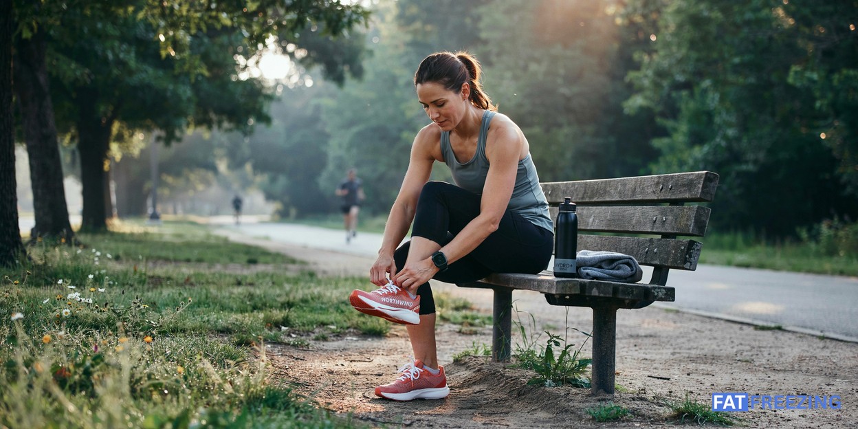 Woman preparing for a morning run in a park to reduce belly fat